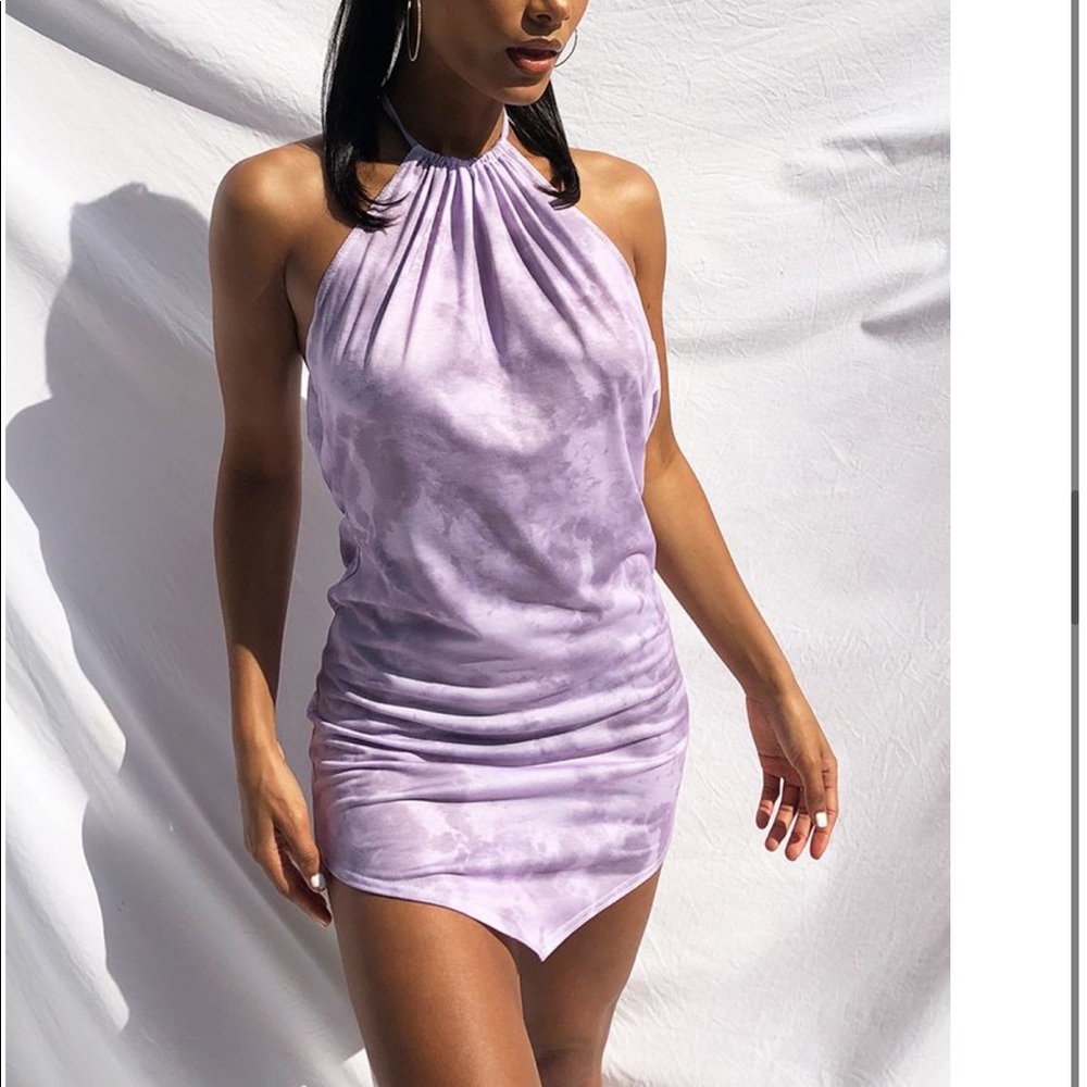 Purple tie dye haltertop bodycon dress